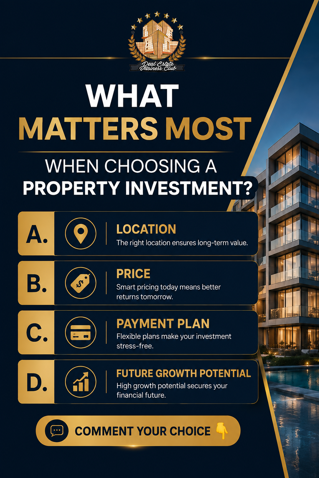 Real Estate Business Club graphic highlighting four key factors to consider when choosing a property investment: location, price, payment plan, and future growth potential.